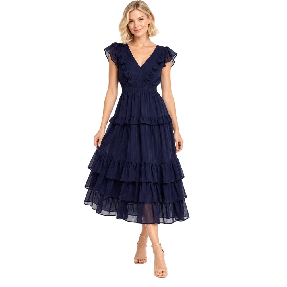 NWT Aqua Navy Tiered Ruffle Midi Dress S Metallic Stripe Flutter Sleeve
